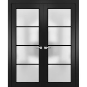 Solid French Double Doors | Planum 2132 Matte Black with Frosted Glass | Wood Solid Panel Frame Trims | Closet Bedroom Sturdy Doors