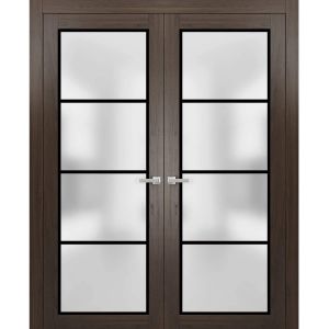 Solid French Double Doors | Planum 2132 Chocolate Ash with Frosted Glass | Wood Solid Panel Frame Trims | Closet Bedroom Sturdy Doors