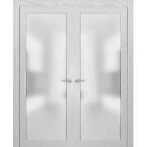 Planum 2102 Interior Double Pre-hung Closet Doors White Silk with Trims Frame Handles