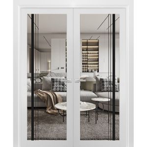 Solid French Double Doors | Lucia 2566 White Silk with Clear Glass and Aluminum Strips | Wood Solid Panel Frame Trims | Closet Bedroom Sturdy Doors