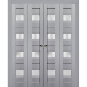 Sliding Closet Double Bi-fold Doors | Veregio 7455 Matte Grey with Frosted Glass | Sturdy Tracks Moldings Trims Hardware Set | Wood Solid Bedroom Wardrobe Doors 