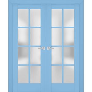 Interior Solid French Double Doors | Veregio 7412 Aquamarine with Frosted Glass | Wood Solid Panel Frame Trims | Closet Bedroom Sturdy Doors 