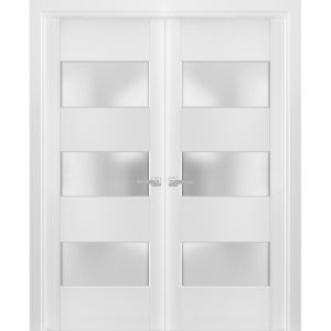 Solid French Double Doors 3 Lites | Lucia 4070 White Silk with Frosted Glass | Wood Solid Panel Frame Trims | Closet Bedroom Sturdy Doors 