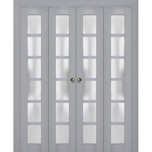 Sliding Closet Double Bi-fold Doors | Veregio 7602 Matte Grey with Frosted Glass | Sturdy Tracks Moldings Trims Hardware Set | Wood Solid Bedroom Wardrobe Doors 