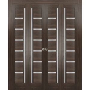 Sliding Closet Double Bi-fold Doors | Quadro 4088 Chocolate Ash with Frosted Glass | Sturdy Tracks Moldings Trims Hardware Set | Wood Solid Bedroom Wardrobe Doors 