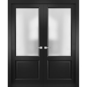 Solid French Double Doors | Lucia 22 Matte Black with Frosted Glass | Wood Solid Panel Frame Trims | Closet Bedroom Sturdy Doors 