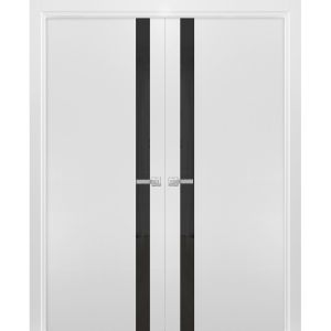 Solid French Double Doors | Planum 0040 White Silk with Black Glass | Wood Solid Panel Frame Trims | Closet Bedroom Sturdy Doors 
