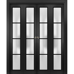 Sliding Closet Double Bi-fold Doors | Planum 2132 Matte Black with Frosted Glass | Sturdy Tracks Moldings Trims Hardware Set | Wood Solid Bedroom Wardrobe Doors 