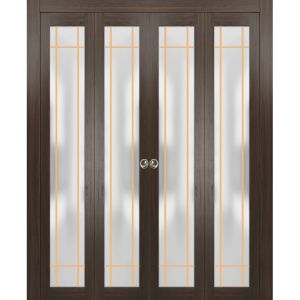 Sliding Closet Double Bi-fold Doors | Planum 2113 Chocolate Ash with Frosted Glass | Sturdy Tracks Moldings Trims Hardware Set | Wood Solid Bedroom Wardrobe Doors 