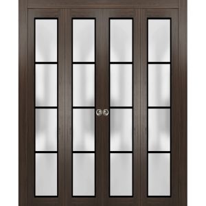Sliding Closet Double Bi-fold Doors | Planum 2132 Chocolate Ash with Frosted Glass | Sturdy Tracks Moldings Trims Hardware Set | Wood Solid Bedroom Wardrobe Doors 