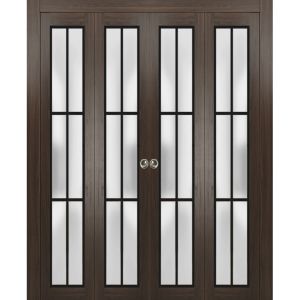 Sliding Closet Double Bi-fold Doors | Planum 2122 Chocolate Ash with Frosted Glass | Sturdy Tracks Moldings Trims Hardware Set | Wood Solid Bedroom Wardrobe Doors 