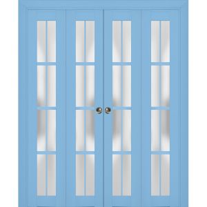 Sliding Closet Double Bi-fold Doors | Veregio 7412 Aquamarine with Frosted Glass | Sturdy Tracks Moldings Trims Hardware Set | Wood Solid Bedroom Wardrobe Doors 