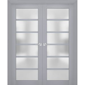 Interior Solid French Double Doors | Veregio 7602 Matte Grey with Frosted Glass | Wood Solid Panel Frame Trims | Closet Bedroom Sturdy Doors 
