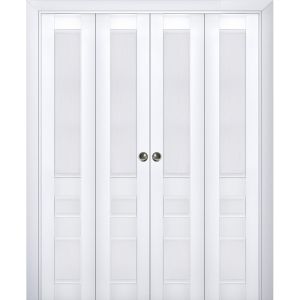 Sliding Closet Double Bi-fold Doors | Veregio 7411 White Silk | Sturdy Tracks Moldings Trims Hardware Set | Wood Solid Bedroom Wardrobe Doors 