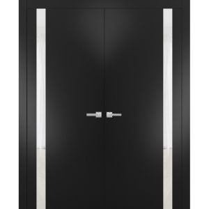 Solid French Double Doors | Planum 0040 Matte Black with White Glass | Wood Solid Panel Frame Trims | Closet Bedroom Sturdy Doors 