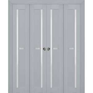Sliding Closet Double Bi-fold Doors | Veregio 7288 Matte Grey with Frosted Glass | Sturdy Tracks Moldings Trims Hardware Set | Wood Solid Bedroom Wardrobe Doors 