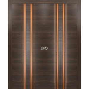 Sliding Closet Double Bi-fold Doors | Planum 1010 Chocolate Ash | Sturdy Tracks Moldings Trims Hardware Set | Wood Solid Bedroom Wardrobe Doors 