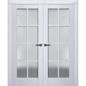 Interior Solid French Double Doors | Veregio 7412 White Silk with Frosted Glass | Wood Solid Panel Frame Trims | Closet Bedroom Sturdy Doors 