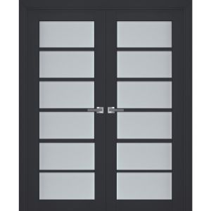 Interior Solid French Double Doors | Veregio 7602 Antracite with Frosted Glass | Wood Solid Panel Frame Trims | Closet Bedroom Sturdy Doors 