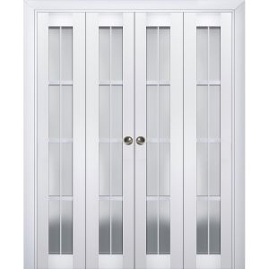 Sliding Closet Double Bi-fold Doors | Veregio 7412 White Silk with Frosted Glass | Sturdy Tracks Moldings Trims Hardware Set | Wood Solid Bedroom Wardrobe Doors 