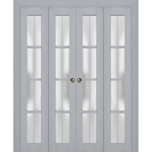 Sliding Closet Double Bi-fold Doors | Veregio 7412 Matte Grey with Frosted Glass | Sturdy Tracks Moldings Trims Hardware Set | Wood Solid Bedroom Wardrobe Doors 