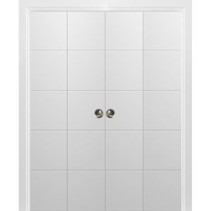 Sliding Closet Double Bi-fold Doors | Planum 0770 Painted White Matte | Sturdy Tracks Moldings Trims Hardware Set | Wood Solid Bedroom Wardrobe Doors 