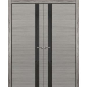 Solid French Double Doors | Planum 0040 Grey Ash with Black Glass | Wood Solid Panel Frame Trims | Closet Bedroom Sturdy Doors 