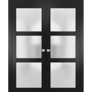 Solid French Double Doors | Lucia 2552 Matte Black with Frosted Glass | Wood Solid Panel Frame Trims | Closet Bedroom Sturdy Doors 