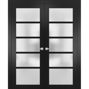 Solid French Double Doors | Quadro 4002 Matte Black with Frosted Glass | Wood Solid Panel Frame Trims | Closet Bedroom Sturdy Doors 