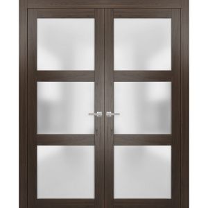 Solid French Double Doors | Lucia 2552 Chocolate Ash with Frosted Glass | Wood Solid Panel Frame Trims | Closet Bedroom Sturdy Doors 