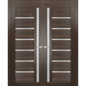 Solid French Double Doors | Quadro 4088 Chocolate Ash with Frosted Glass | Wood Solid Panel Frame Trims | Closet Bedroom Sturdy Doors 