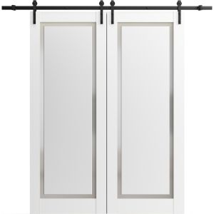 Sliding Double Barn Doors with Hardware | Planum 0888 Painted White with Frosted Glass | 13FT Rail Hangers Sturdy Set | Modern Solid Panel Interior Hall Bedroom Bathroom Door-36" x 80" (2* 18x80)