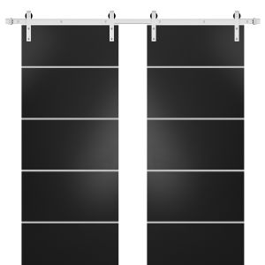 Sturdy Double Barn Door with Hardware | Planum 0210 Matte Black and Aluminum Strips | Silver 13FT Rail Hangers Heavy Set | Modern Solid Panel Interior Doors