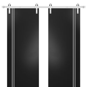 Sturdy Double Barn Door with Hardware | Planum 0310 Matte Black and Aluminum Strips | Silver 13FT Rail Hangers Heavy Set | Modern Solid Panel Interior Doors