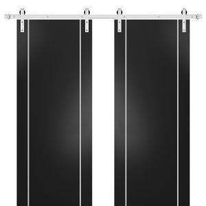 Sturdy Double Barn Door with Hardware | Planum 0410 Matte Black | Silver 13FT Rail Hangers Heavy Set | Modern Solid Panel Interior Doors