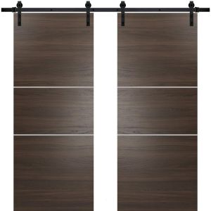 Sturdy Double Barn Door with Hardware | Planum 0110 Chocolate Ash | 13FT Rail Hangers Heavy Set | Modern Solid Panel Interior Doors