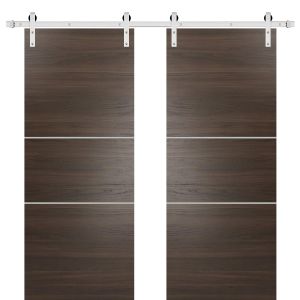Sturdy Double Barn Door with Hardware | Planum 0110 Chocolate Ash | Silver 13FT Rail Hangers Heavy Set | Modern Solid Panel Interior Doors