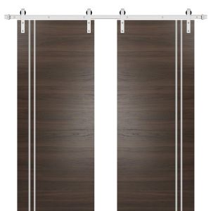 Sturdy Double Barn Door with Hardware | Planum 0310 Chocolate Ash | Silver 13FT Rail Hangers Heavy Set | Modern Solid Panel Interior Doors