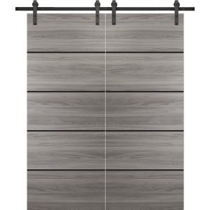 Sturdy Double Barn Door with Hardware | Planum 0015 Ginger Ash and Aluminum Strips | 13FT Rail Hangers Heavy Set | Modern Solid Panel Interior Doors