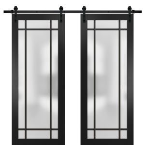 Sturdy Double Barn Door | Planum 2112 Matte Black with Frosted Glass | 13FT Rail Hangers Heavy Set | Modern Solid Panel Interior Doors