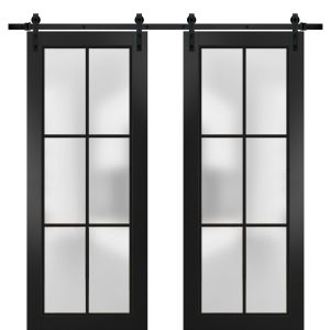Sturdy Double Barn Door | Planum 2122 Matte Black with Frosted Glass | 13FT Rail Hangers Heavy Set | Modern Solid Panel Interior Doors