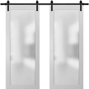 Sturdy Double Barn Door | Planum 2102 White Silk with Frosted Glass | 13FT Black Rail Hangers Heavy Set | Solid Panel Interior Doors