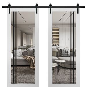 Sturdy Double Barn Door | Lucia 2566 White Silk with Clear Glass and Aluminum Strips | 13FT Rail Hangers Heavy Set | Solid Panel Interior Doors