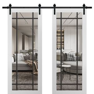 Sturdy Double Barn Door | Lucia 2266 White Silk with Clear Glass | 13FT Rail Hangers Heavy Set | Solid Panel Interior Doors
