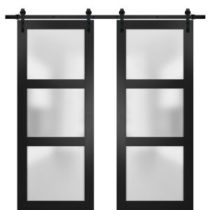 Sturdy Double Barn Door | Lucia 2552 Matte Black with Frosted Glass | 13FT Rail Hangers Heavy Set | Solid Panel Interior Doors