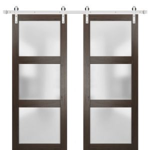 Sturdy Double Barn Door | Lucia 2552 Chocolate Ash with Frosted Glass | Silver 13FT Rail Hangers Heavy Set | Solid Panel Interior Doors