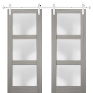 Sturdy Double Barn Door | Lucia 2552 Grey Ash with Frosted Glass | 13FT Silver Rail Hangers Heavy Set | Solid Panel Interior Doors