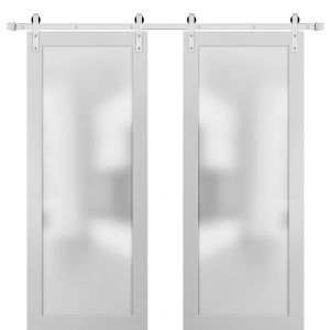 Planum 2102 Interior Modern Closet Double Barn Doors White Silk with Black Hardware Rails 13FT
