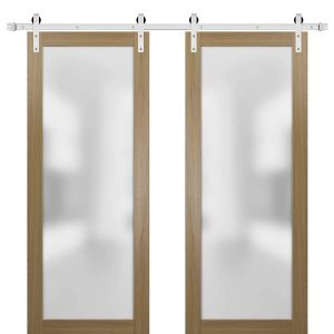 Sturdy Double Barn Door | Planum 2102 Honey Ash with Frosted Glass | 13FT Silver Rail Hangers Heavy Set | Modern Solid Panel Interior Doors