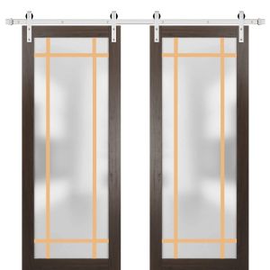 Sturdy Double Barn Door | Planum 2113 Chocolate Ash with Frosted Glass | 13FT Silver Rail Hangers Heavy Set | Modern Solid Panel Interior Doors